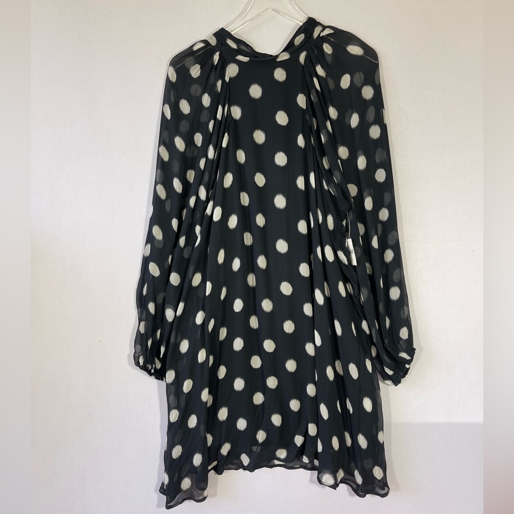 Maeve Sheer Polka Dot Mini Swing Dress Puff Sleeves Tie Neck - Picture 4 of 12